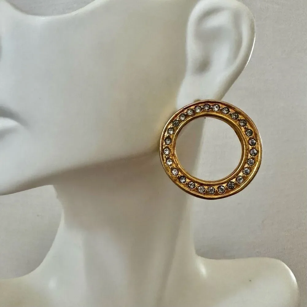 Gold tone rhinestone open circle earrings